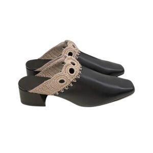 Miista Black Leather Crochet Trim Mules Square Toe EU 40/US 9